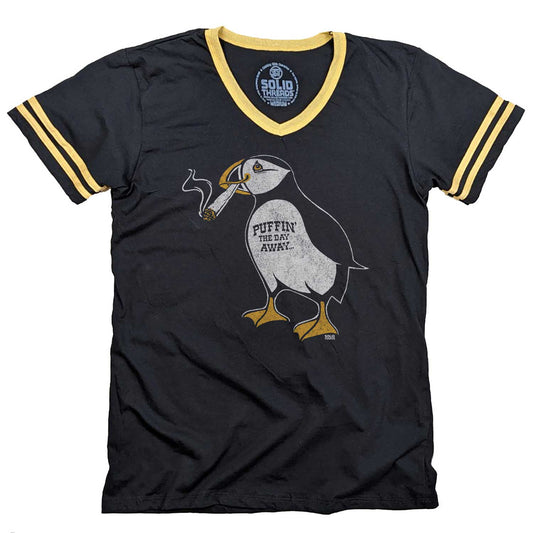 Men's Puffin The Day Away Funny Graphic V-Neck Tee | Retro Marijuana T-Shirt | Solid Threads