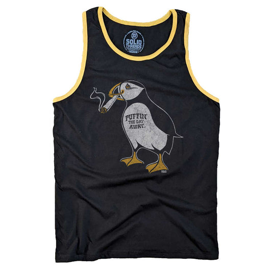 Men's Puffin The Day Away Funny Graphic Tank Top | Retro Marijuana Sleeveless Shirt | Solid Threads