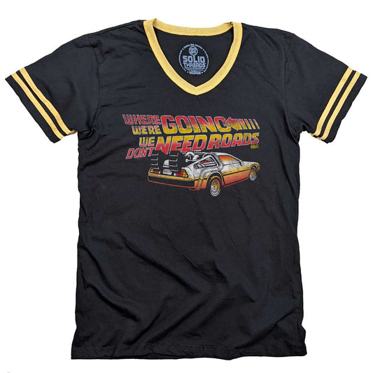 Men's Where We're Going We Don't Need Roads Graphic V-neck Tee | Retro Movie T-Shirt | Solid Threads