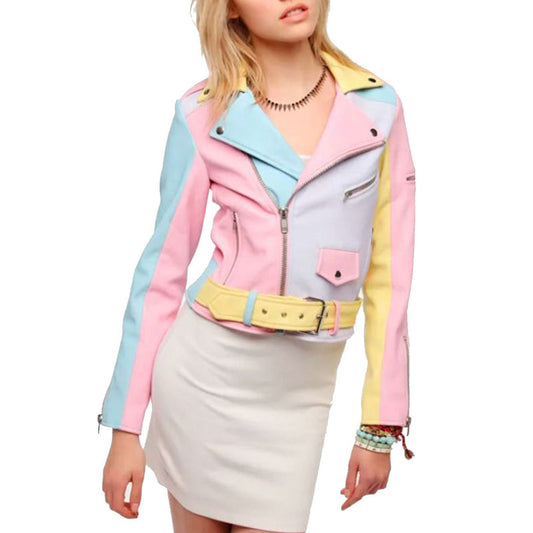 Women’s Biker Rainbow Pastel Faux Leather Jacket