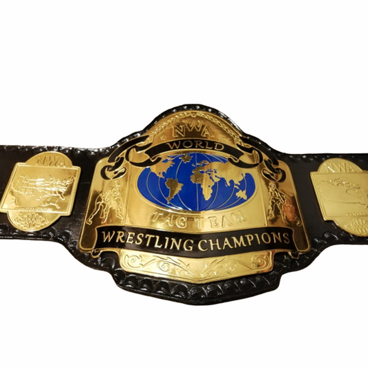 NWA World Tag Team Championship replica belt with gold plates and black leather strap from Shops Gear Hikes
