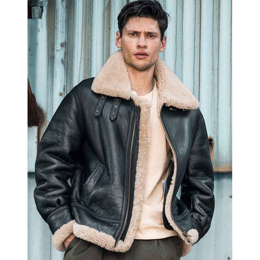 Men B3 Bomber RAF Aviator Pilot Shearling Sheepskin Leather Motorcycle Jacket