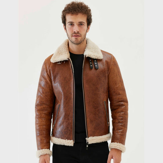 Men Aviator Tan Brown Shearling Jacket