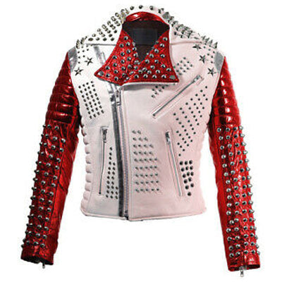 Two Tone White & Red Motorbike Leather Jacket - Silver Spike Studs