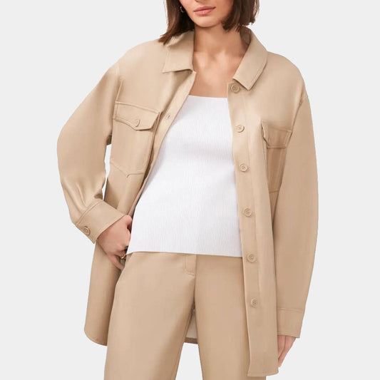 Women's Camel Leather Shirt Jacket