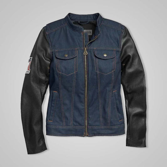 Women’s Navy Denim Jacket with Leather Sleeves & No. 1 Embroidery Patch