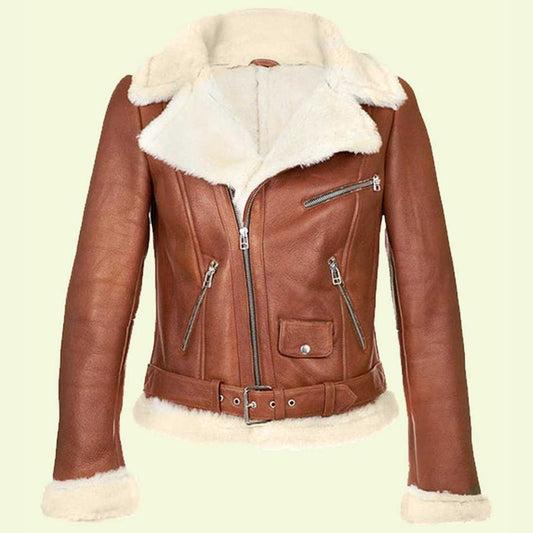 Women's Brown Leather White Shearling Jacket
