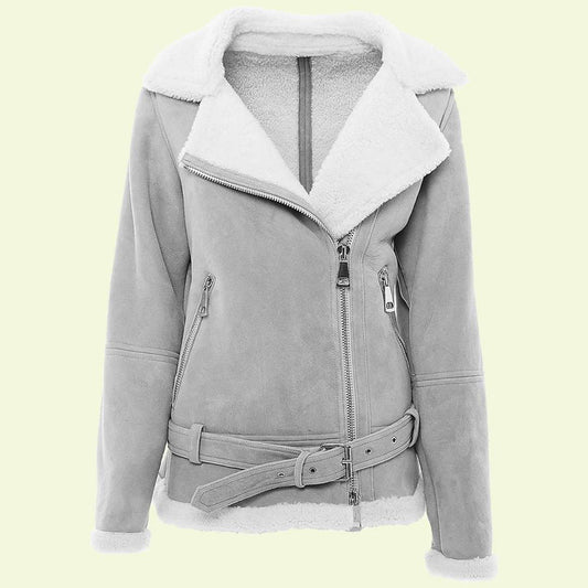 Women's Grey Leather White Shearling Jacket