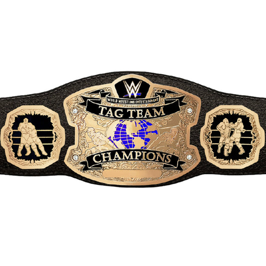 WWE tag team championship belt with detailed gold plates and black leather strap from Shops Gear Hikes