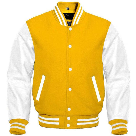 Yellow Wool & White Real Leather Sleeve Varsity Letterman Bomber Jacket