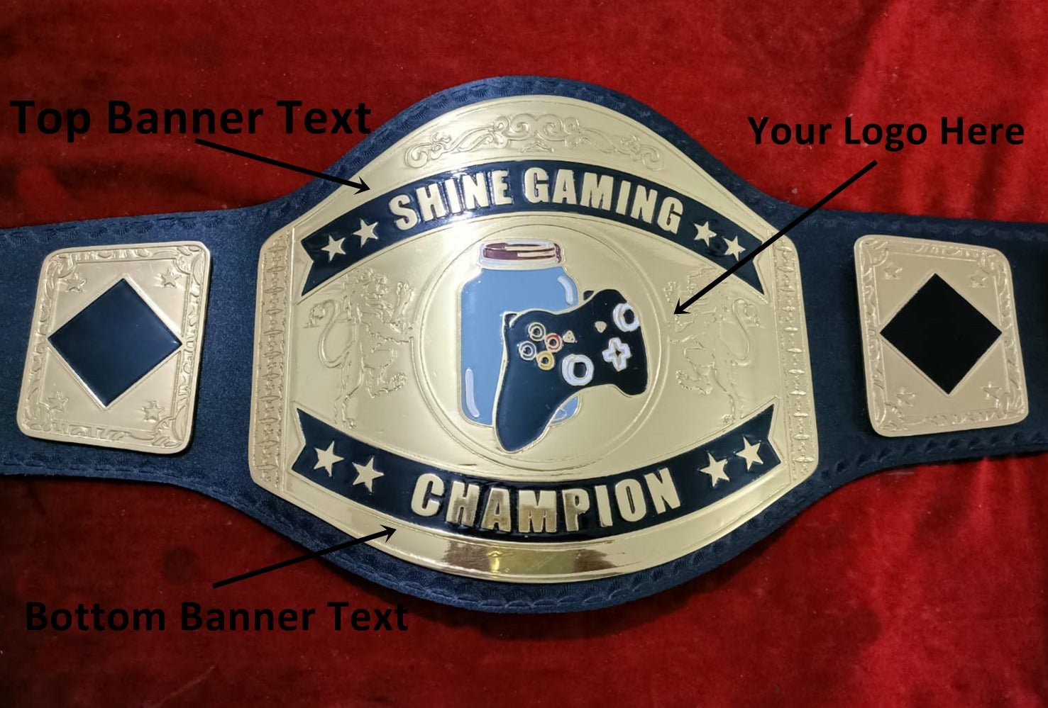 Custom Name and Joystick and Glass Jar Logo Wrestling Championship Belt - Customize Wrestling Belts Wrestling Customize Beltposhleathers - 14b7Black2mm BrassDesign 5Custom Name and Joystick and Glass Jar Logo Wrestling Championship Belt - Customize Wrestling BeltsWrestling Customize Beltposhleathers - 14b7