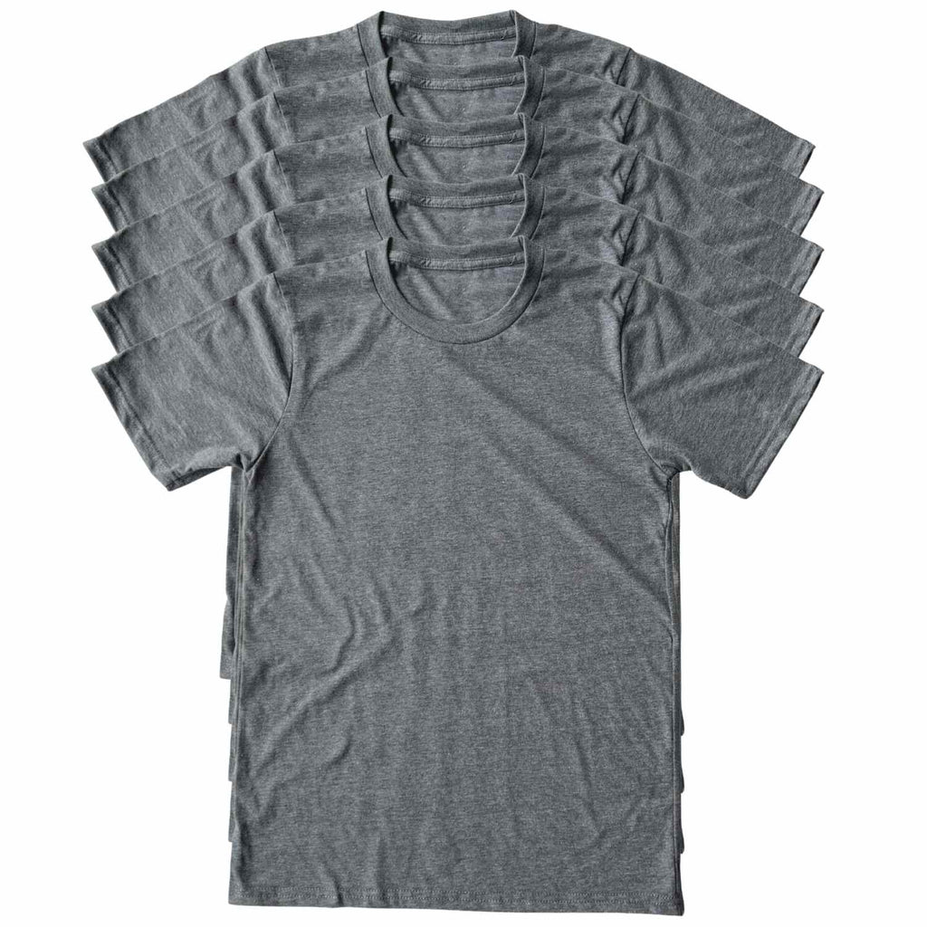 A stack of heather gray US Made short-sleeve crewneck t-shirts arranged in a fan shape on a plain white background. 