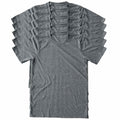 A stack of heather gray US Made short-sleeve crewneck t-shirts arranged in a fan shape on a plain white background. 