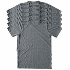 A stack of heather gray US Made short-sleeve crewneck t-shirts arranged in a fan shape on a plain white background. 