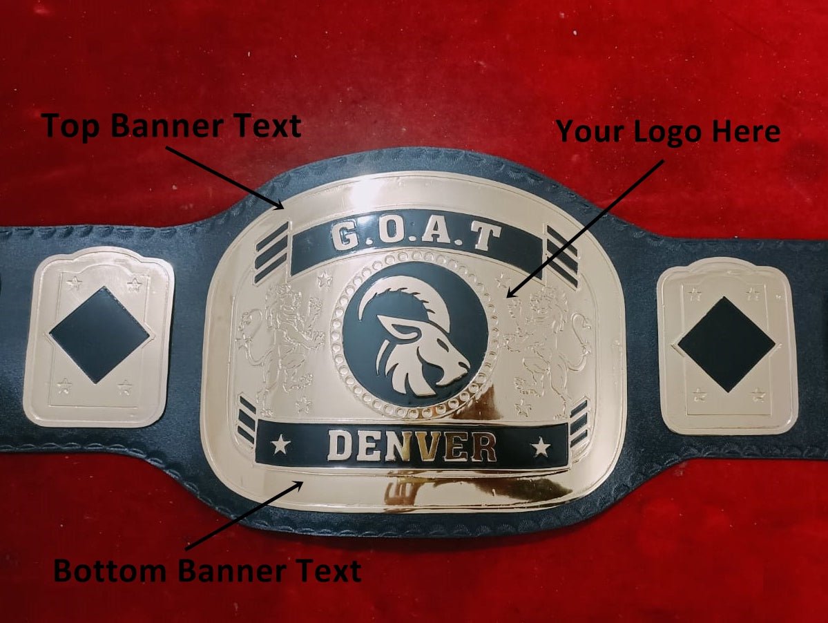 Custom Name and Wild Goat Logo Wrestling Championship Belt - Customize Wrestling Belts Wrestling Customize Beltposhleathers - 14b7Black2mm BrassCustom Name and Wild Goat Logo Wrestling Championship Belt - Customize Wrestling BeltsWrestling Customize Beltposhleathers - 14b7