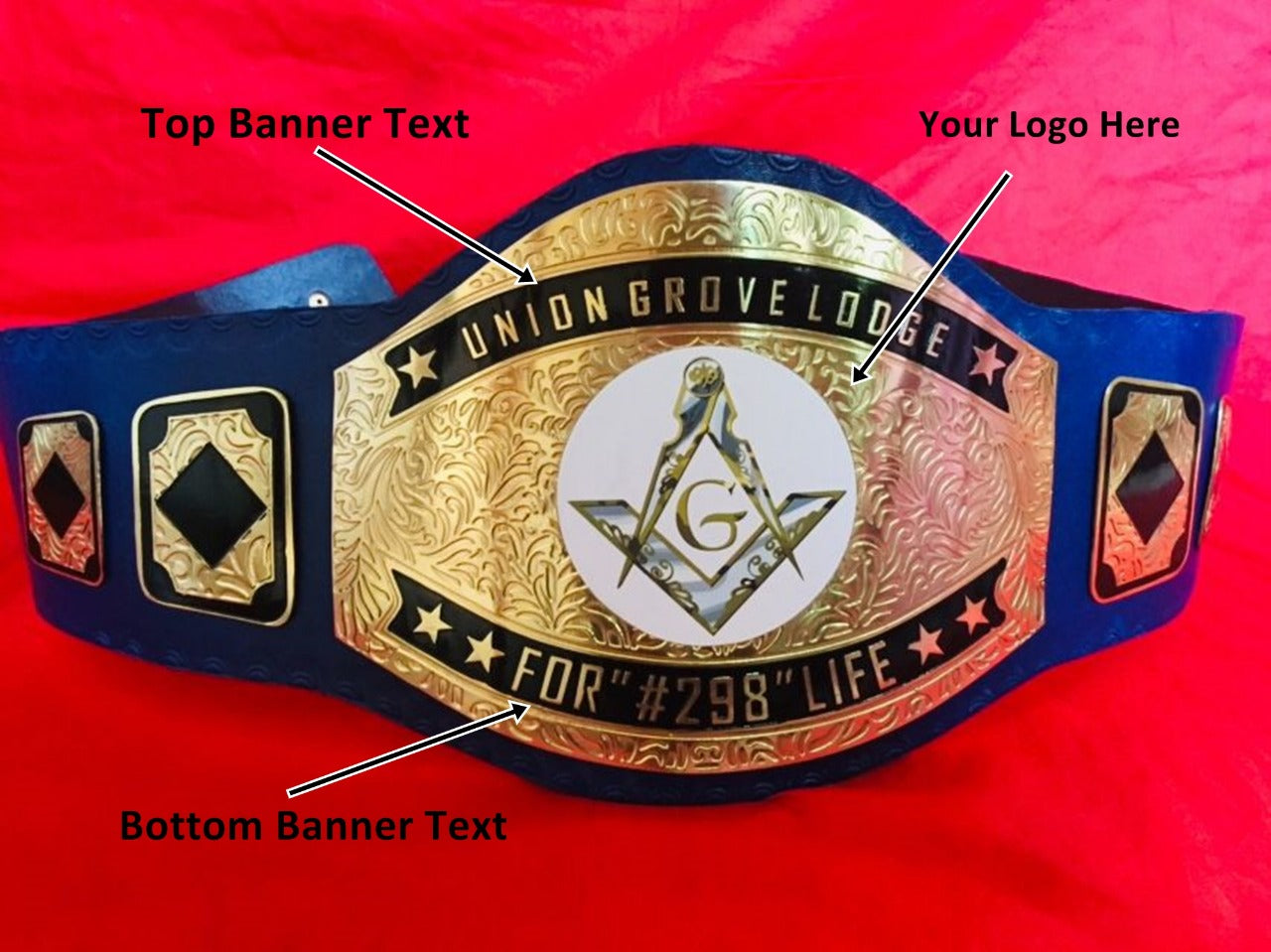 Custom Name and Union Grove Lodge Logo Wrestling Championship Belt - Customize Wrestling Belts