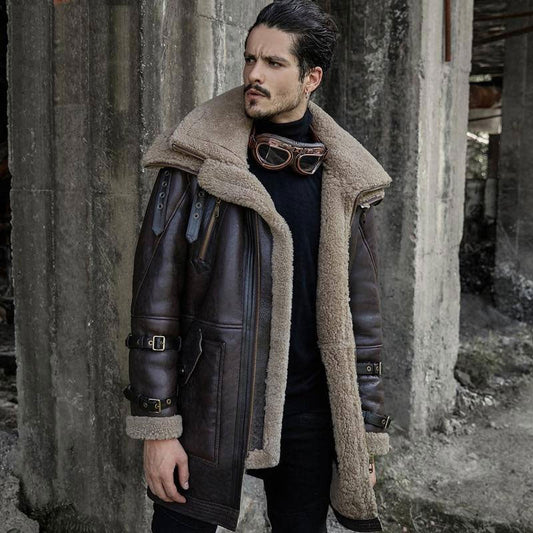Men’s B3 Flight Jacket Double Collar Shearling Aviator Fur Long Coat