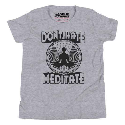 Youth Don't Hate Meditate Cool Extra Soft T-Shirt | Retro Mindful Kids Tee | Solid Threads