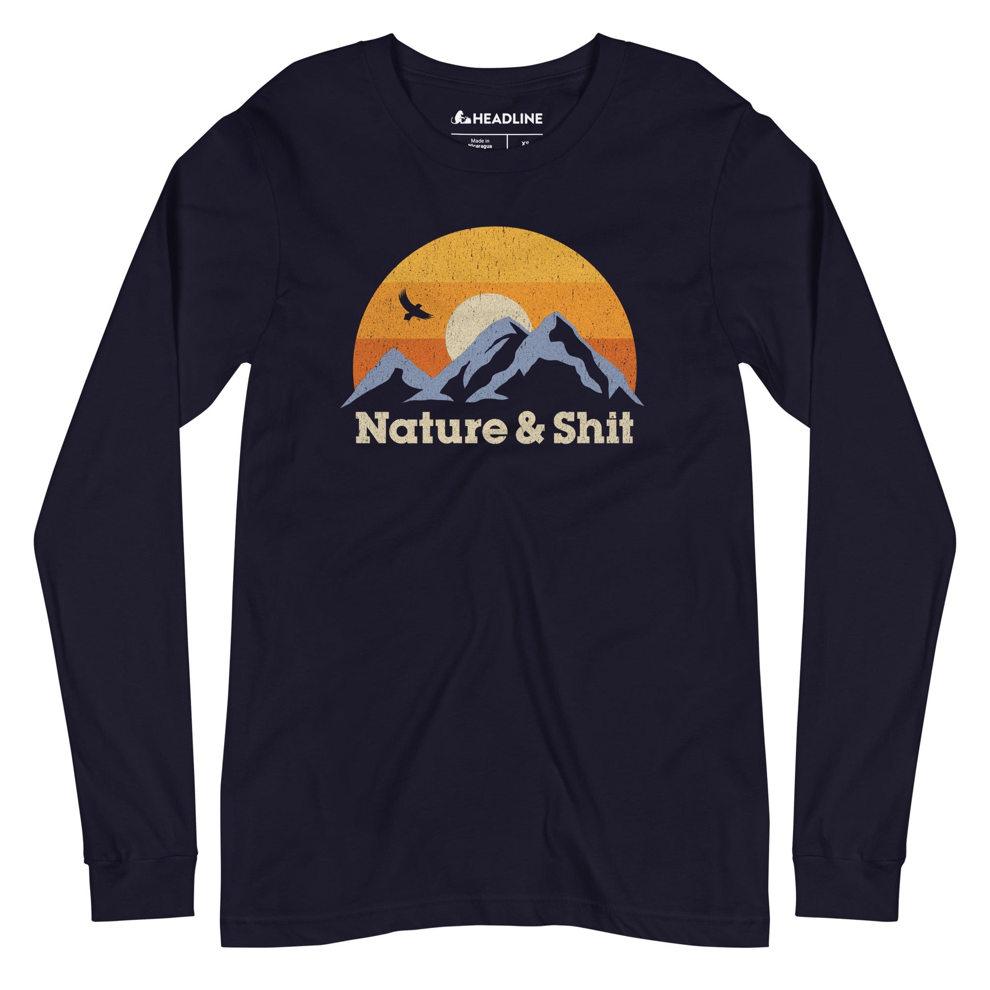 Nature & Shit Funny Outdoorsy Graphic Long Sleeve Tee | Vintage Mountain Sunset Tee | Solid Threads