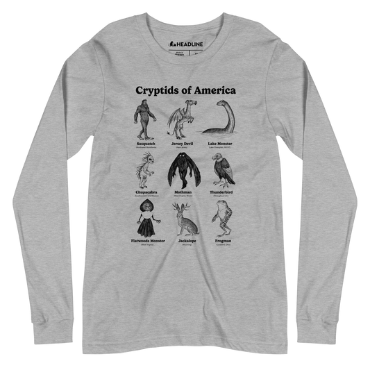 Cryptids Of America Cool Graphic Long Sleeve Tee | Designer Bigfoot Chart Monsters Tee | Solid Threads