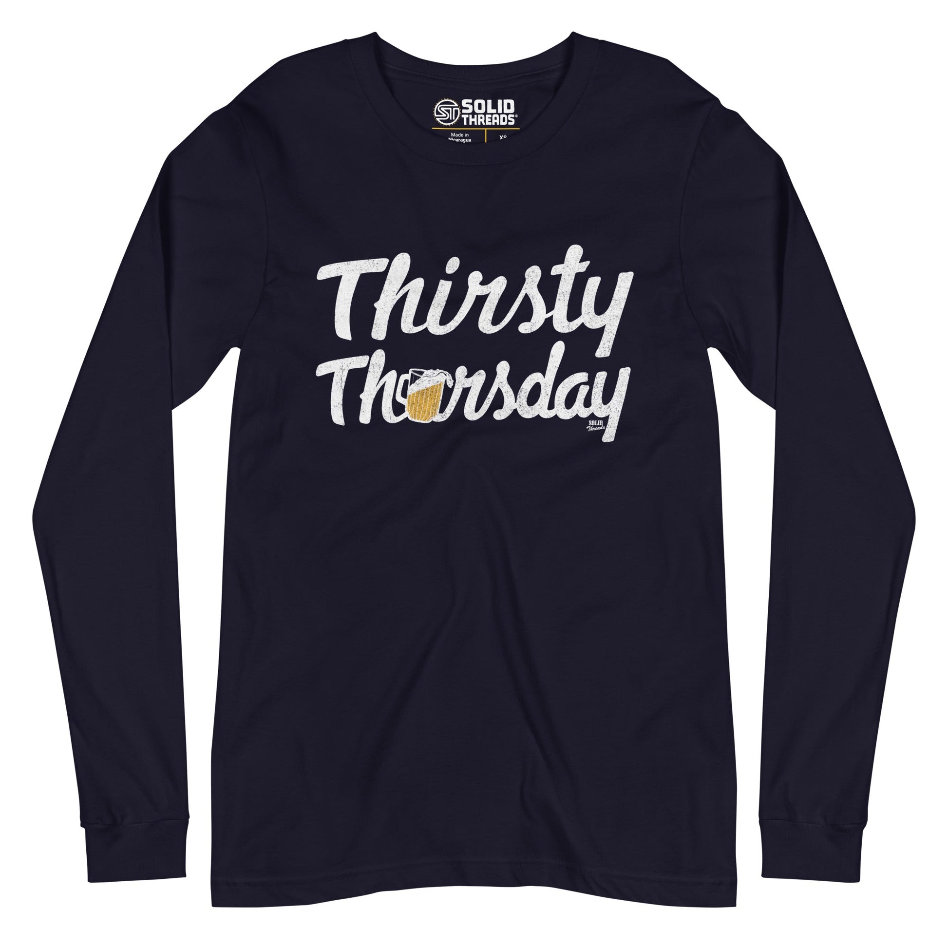 Men's Thirsty Thursday Vintage Long Sleeve T Shirt | Funny Drinking Graphic Tee | Solid Threads