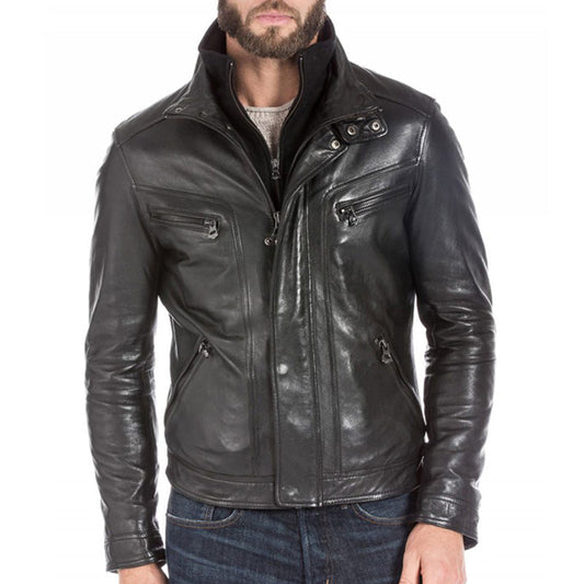 Mens Black Lambskin Leather Sports Jacket