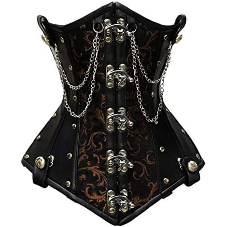 Brown Brocade & Faux Leather Underbust Corset With Chain Details