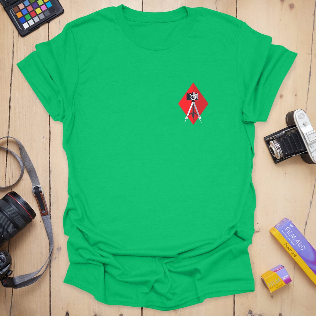 T-Shirt With Diamond Badge Camera Compass Design