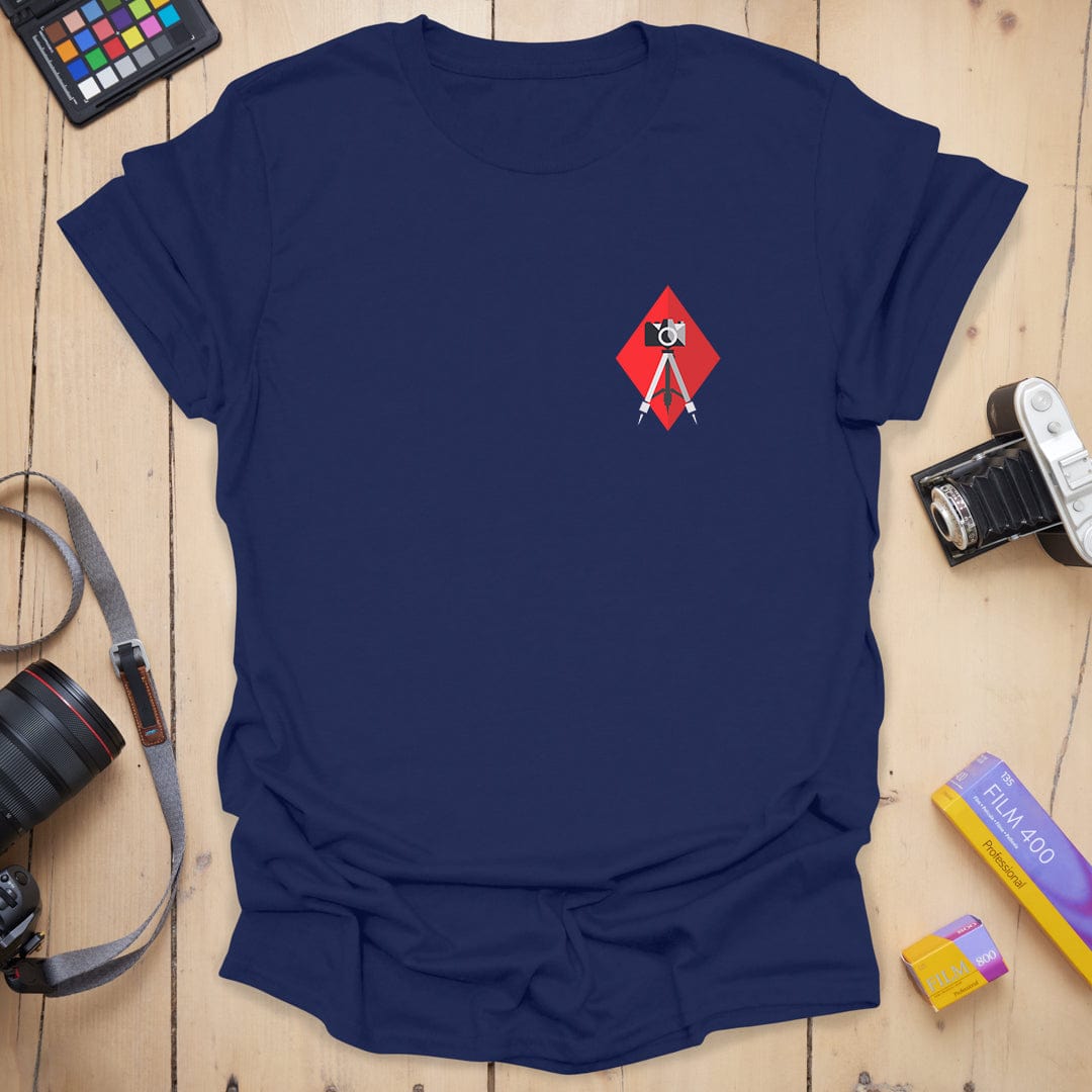 T-Shirt With Diamond Badge Camera Compass Design