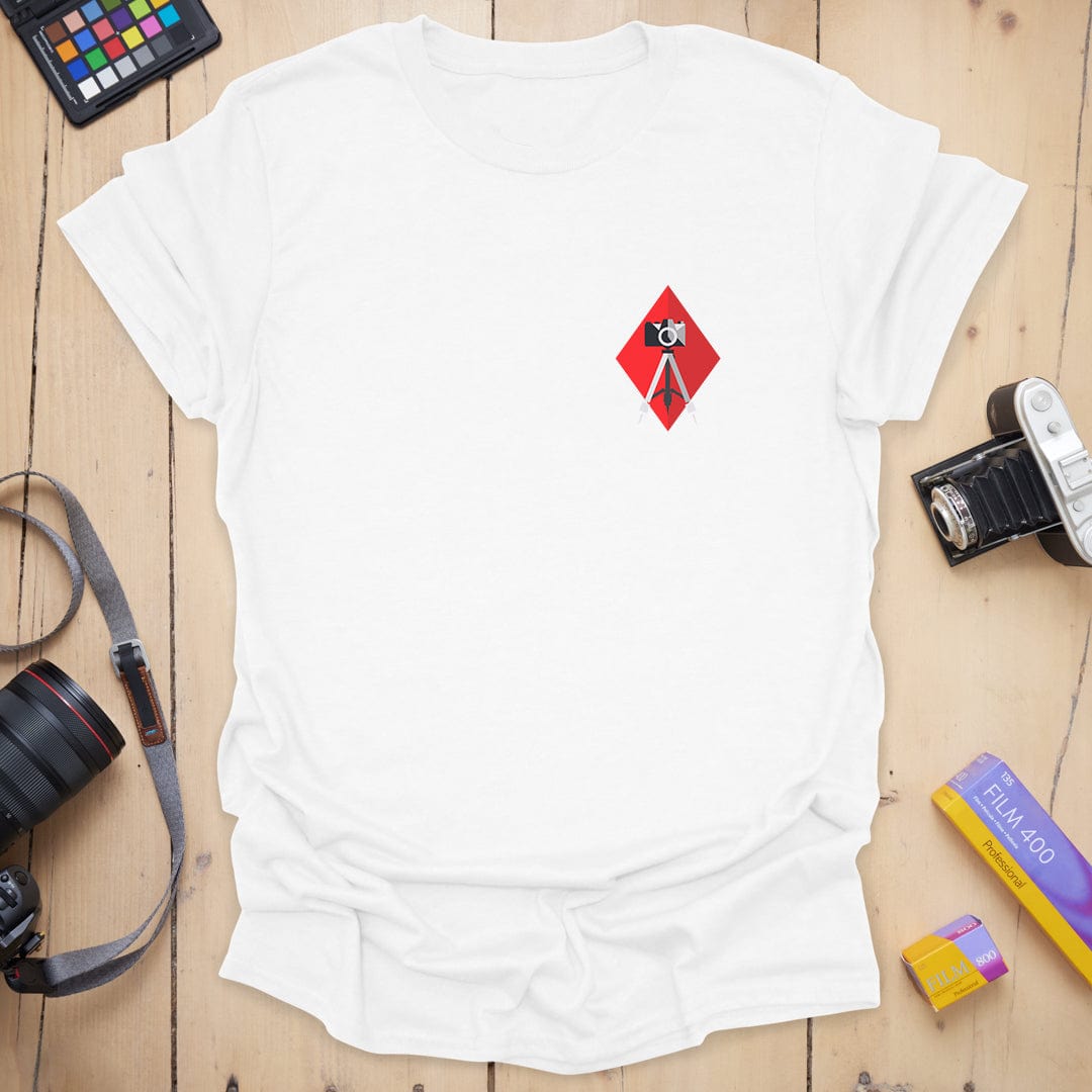 T-Shirt With Diamond Badge Camera Compass Design