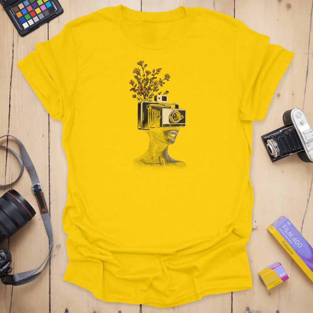 T-Shirt With Vintage Camera And Surreal Floral Art