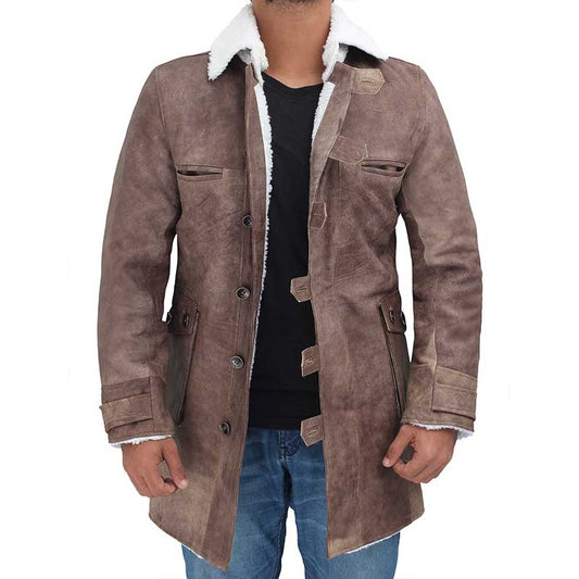 Mens Sherpa Brown Swedish Bomber Distressed Leather Coat