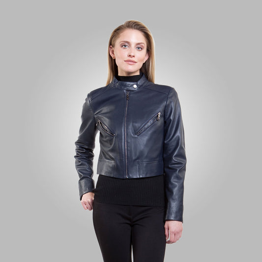 Women’s Blue Leather Short Fit Jacket