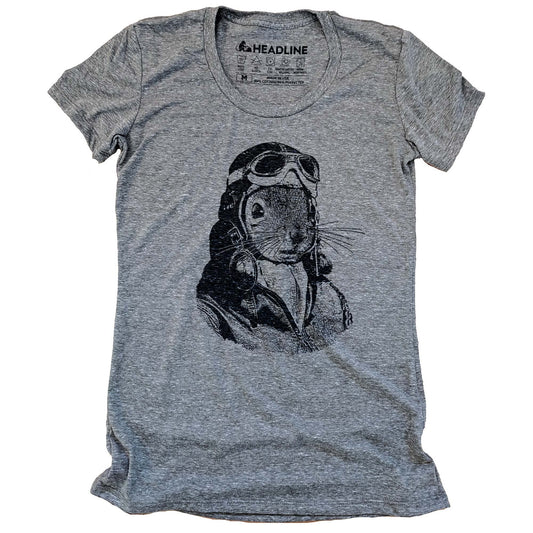 Women's Flying Squirrel Funny Animal Graphic T-Shirt | Vintage Flight Helmet Pun Tee | Solid Threads
