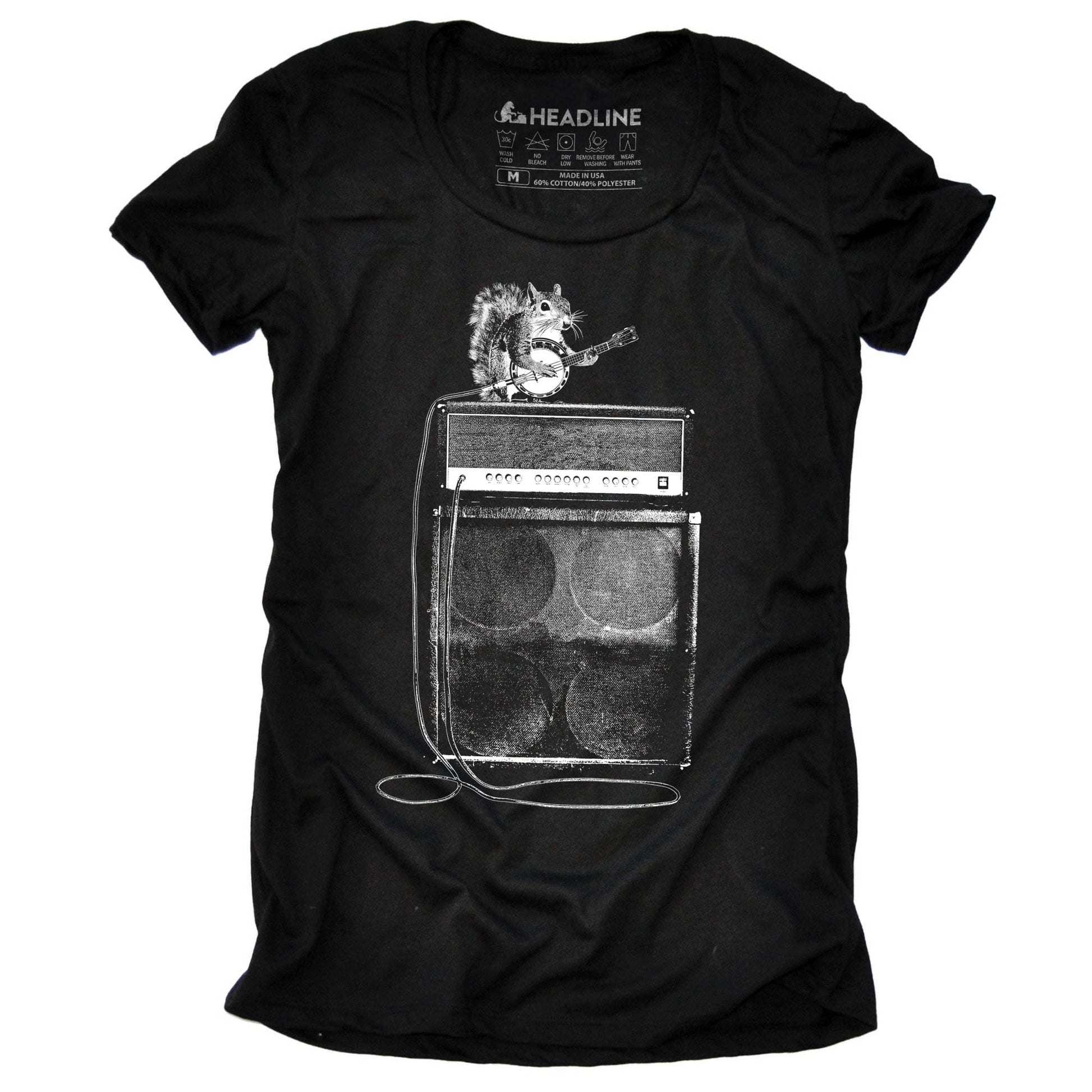 Women's Squirrel Banjo Artsy Graphic T-Shirt | Funny Amplifier Bluegrass Electric Tee | Solid Threads