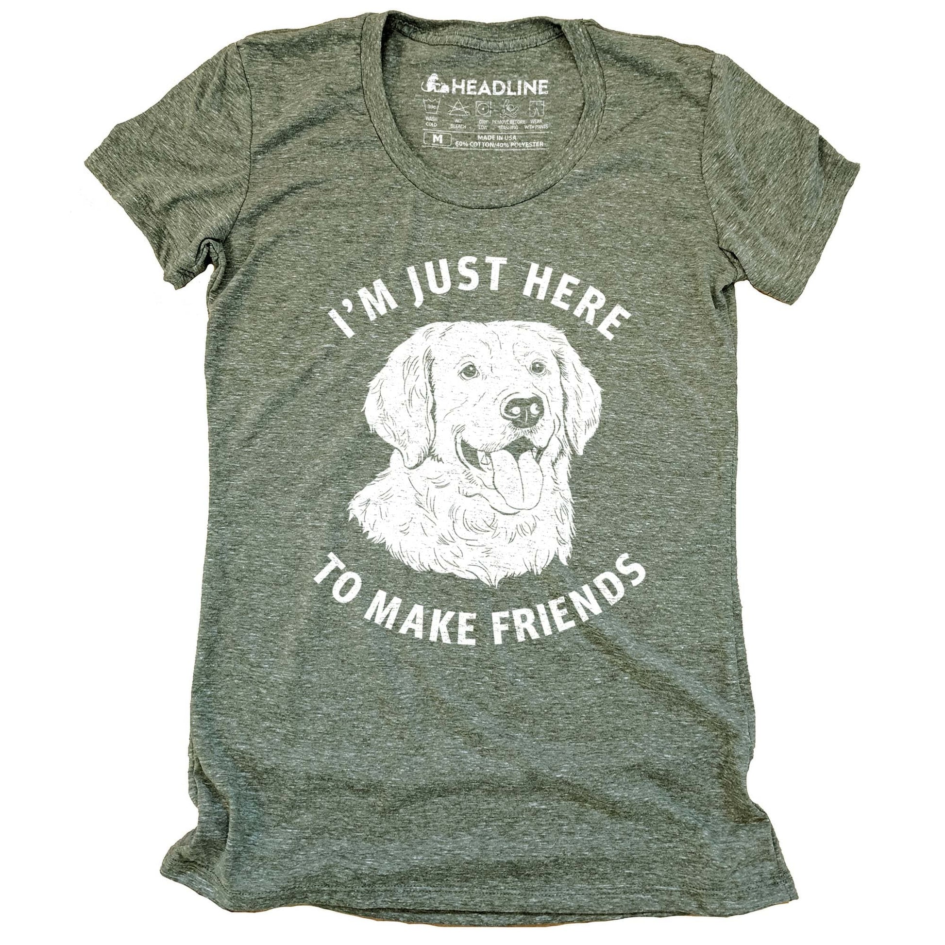 Women's Just Here To Make Friends Funny Graphic T-Shirt | Vintage Golden Retriever Tee | Solid Threads