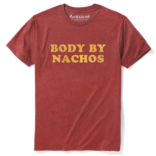 Men's Body By Nachos Funny Junk Food Graphic T-Shirt | Vintage Cheese Snack Tee | Solid Threads