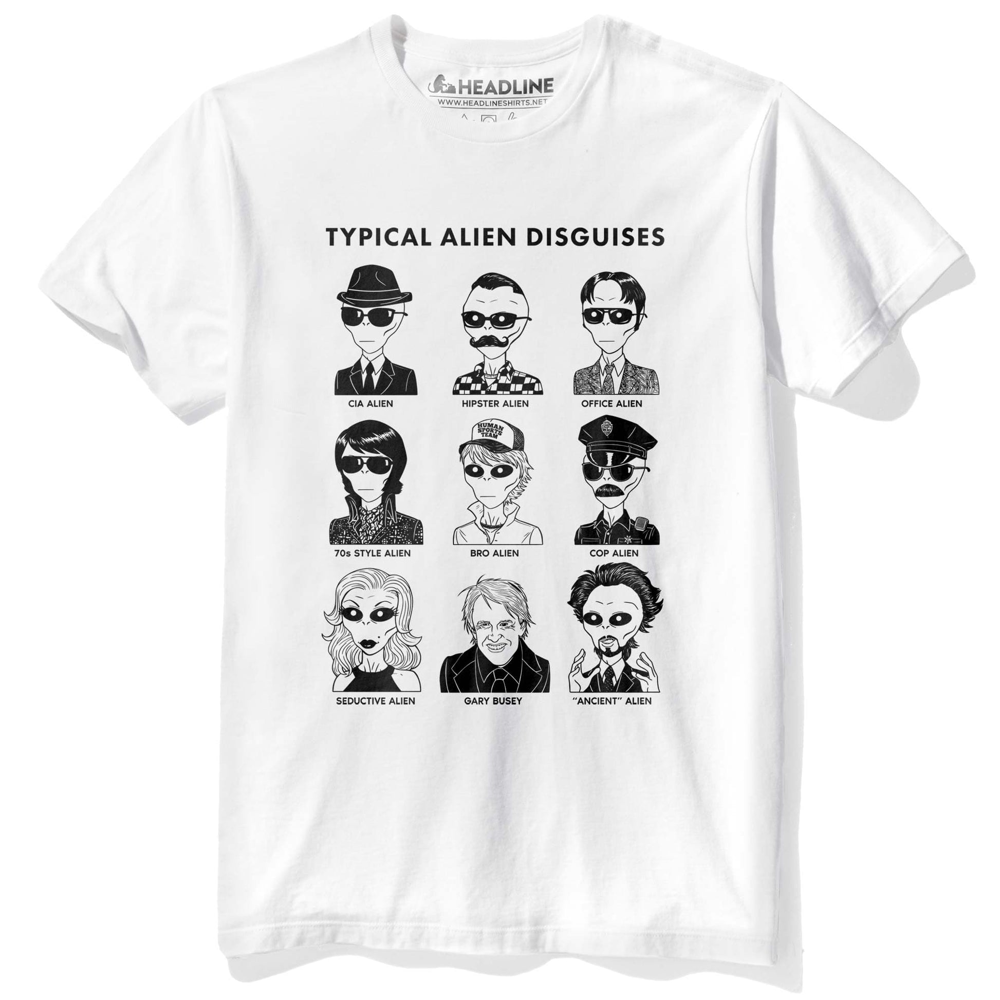 Men's Typical Alien Disguises Funny Sci Fi Graphic T-Shirt | Cool UFO Conspiracy Tee | Solid Threads