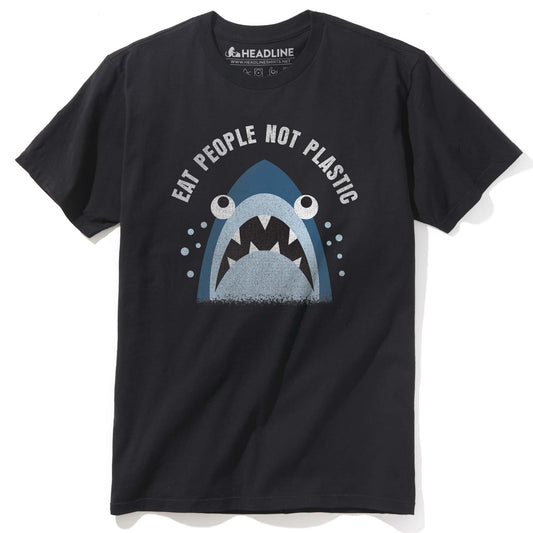 Men's Eat People Not Plastic Cool Graphic T-Shirt | Funny Shark Environmentalist  Tee | Solid Threads