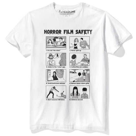 Men's Horror Film Safety Guide Funny Graphic T-Shirt | Designer Movie Parody  Tee | Solid Threads