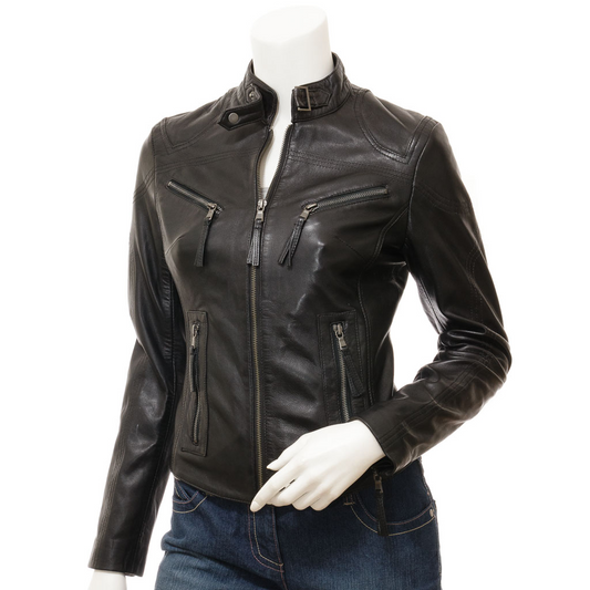 WOMEN'S BLACK LEATHER BIKER JACKET: EBRO