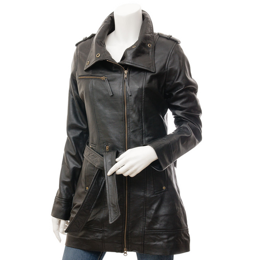 WOMEN'S BLACK LEATHER TRENCH COAT: MADEIRA