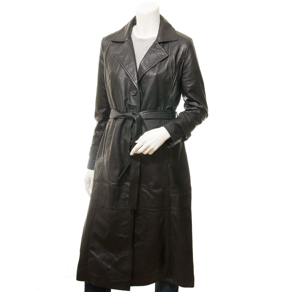 Leather Coat in Black Sheep Nappa with Belt