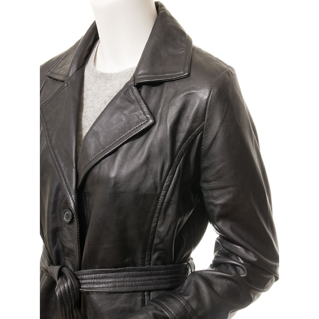 Leather Coat in Black Sheep Nappa with Belt