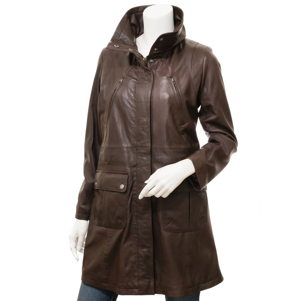Leather Coat in Brown Sheep Nappa With Adjustable Waist