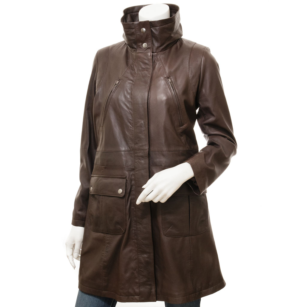Leather Coat in Brown Sheep Nappa With Adjustable Waist