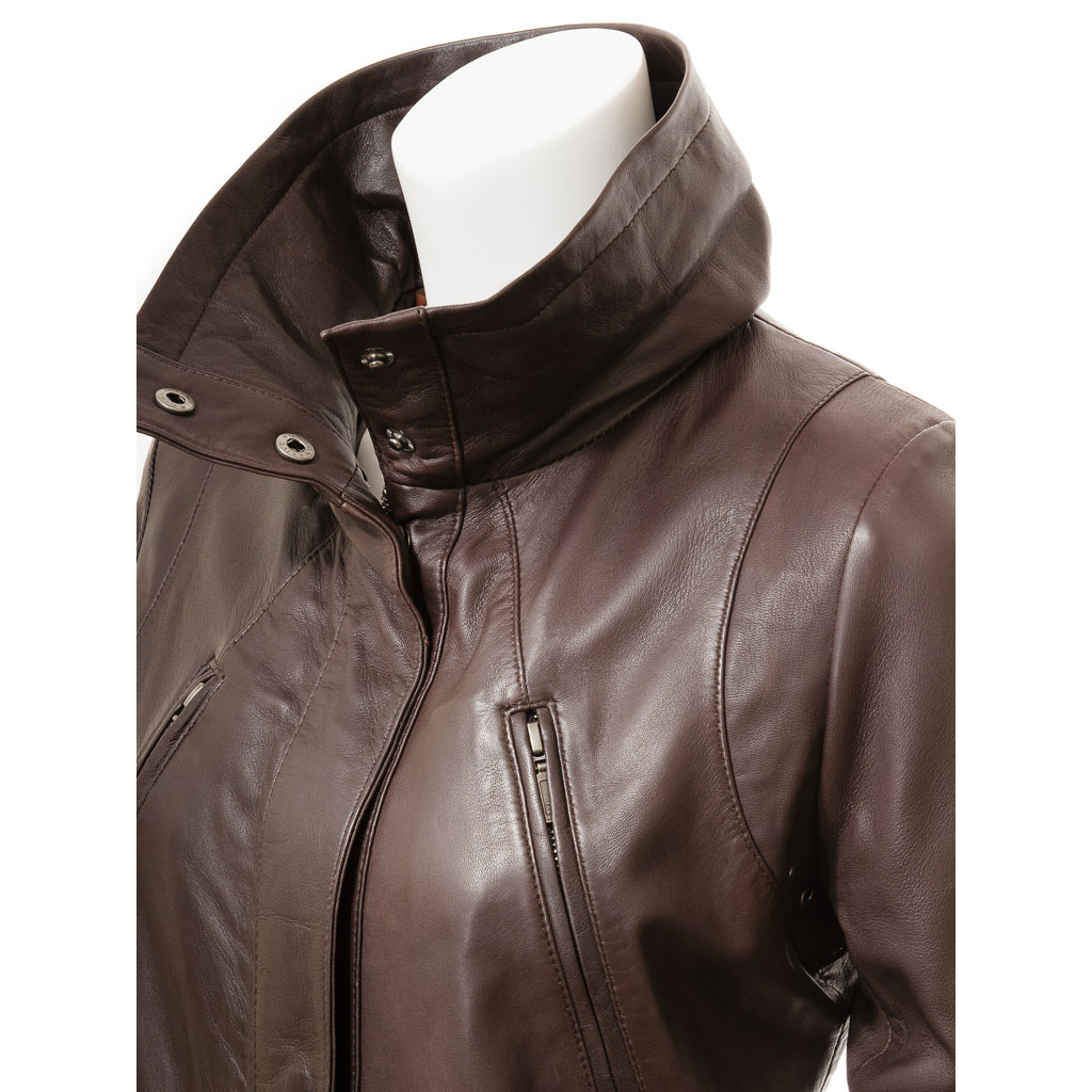 Leather Coat in Brown Sheep Nappa With Adjustable Waist
