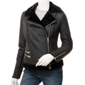 Sheepskin Shearling Jacket in Black With Biker Styling