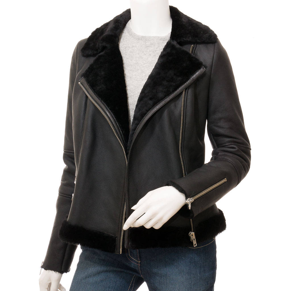Sheepskin Shearling Jacket in Black With Biker Styling