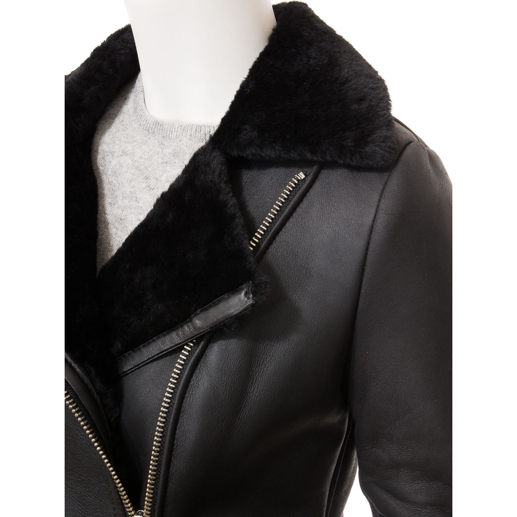 Sheepskin Shearling Jacket in Black With Biker Styling
